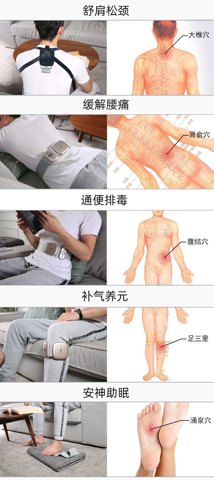 舒肩松頸、緩解腰痛、通便排毒、補氣養(yǎng)元、安神助眠